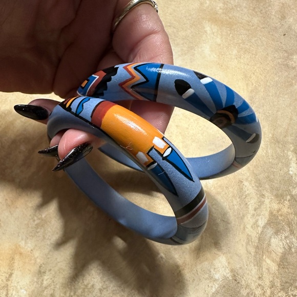 Two wooden handpainteded Southwest style pattern bracelets 8” - Picture 4 of 6